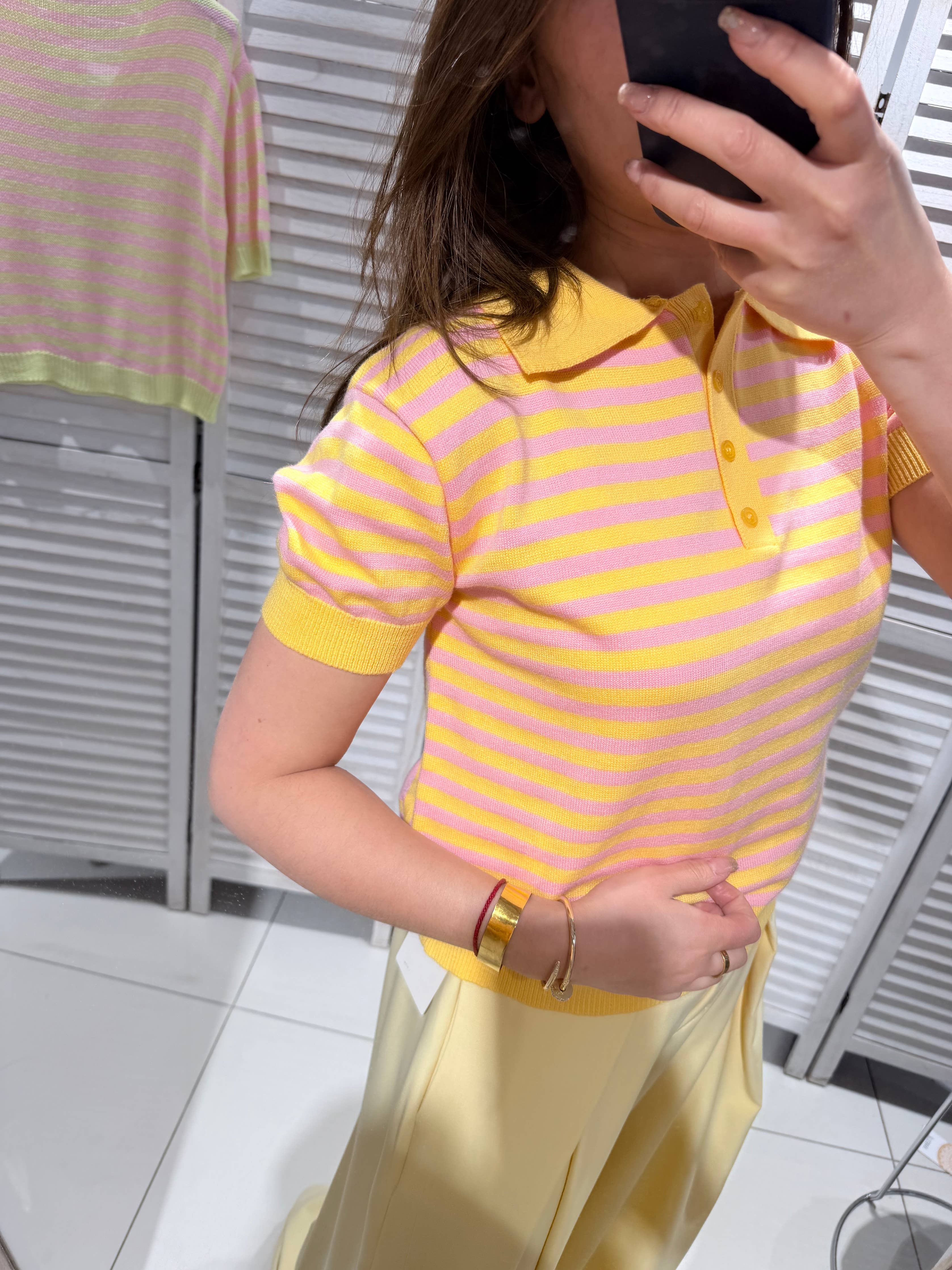 T-shirt rayé col POLO Jaune & Rose