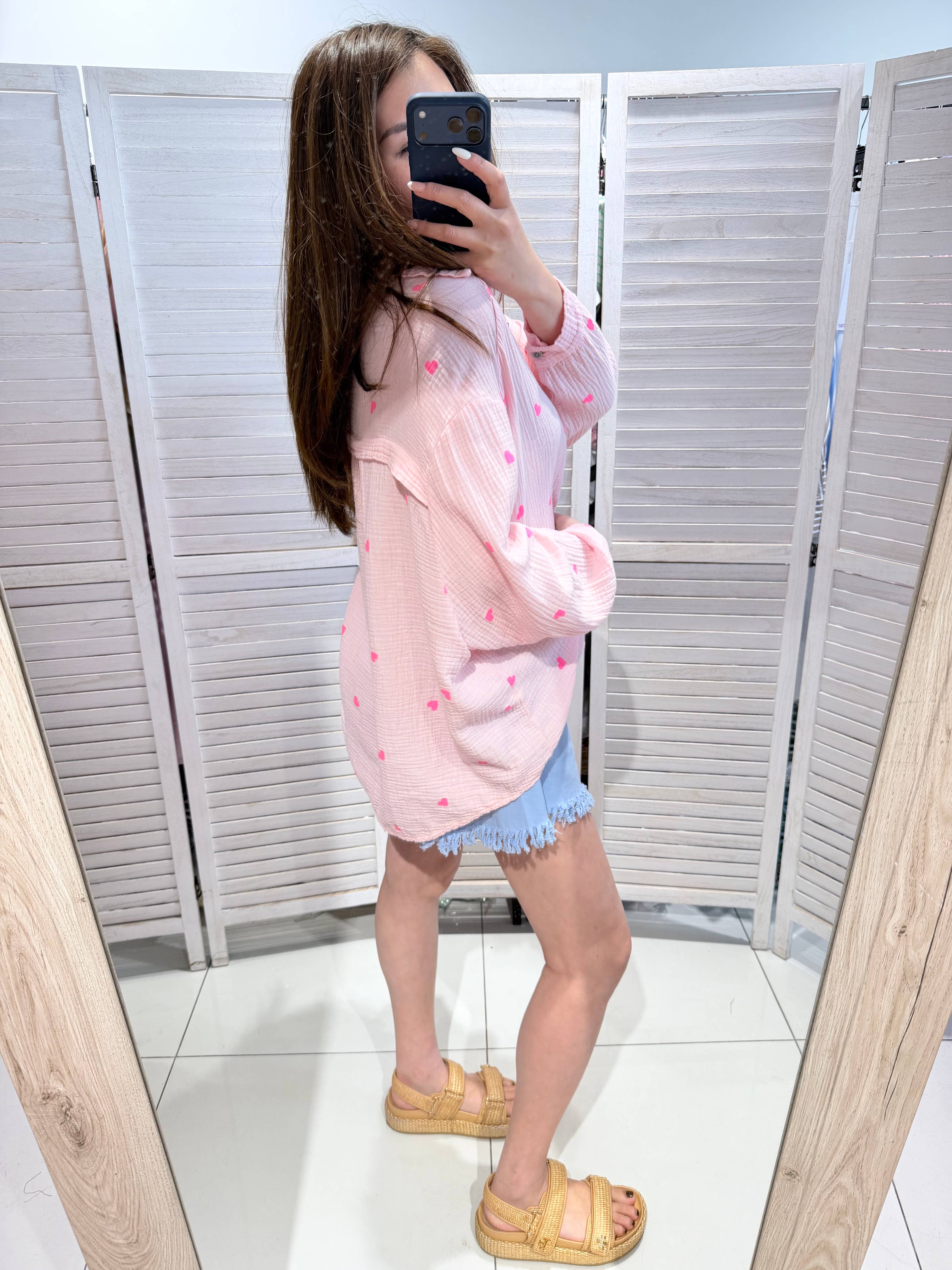 Chemise en coton imprimé cœur rose