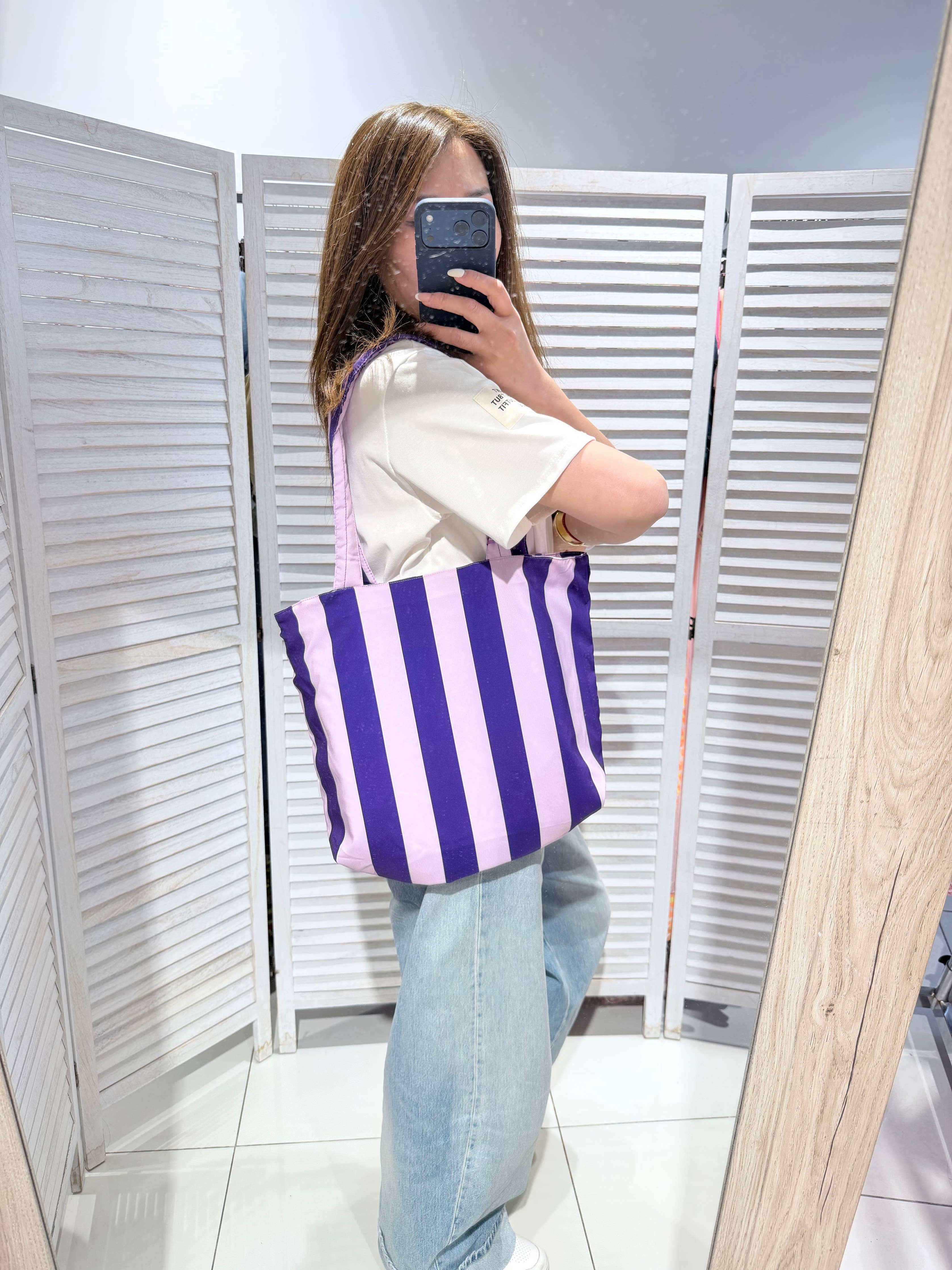 Sac shopping rayé matelassé PARAMI Violet & Parme