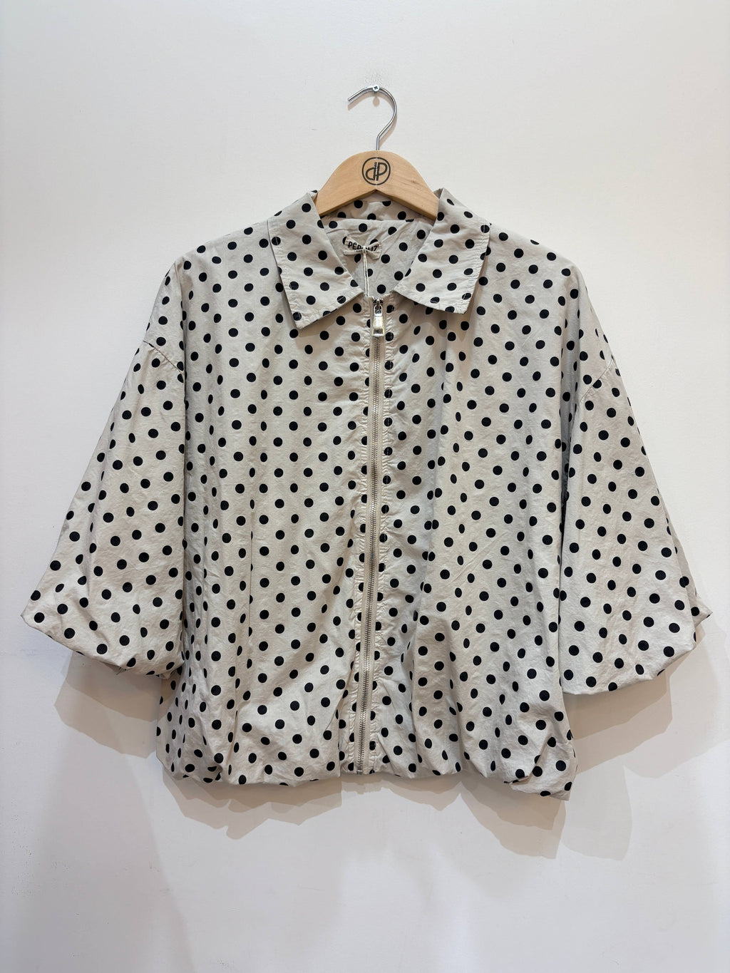 Veste coton imprimé pois manches courtes bouffantes DOT Blanc & Noir