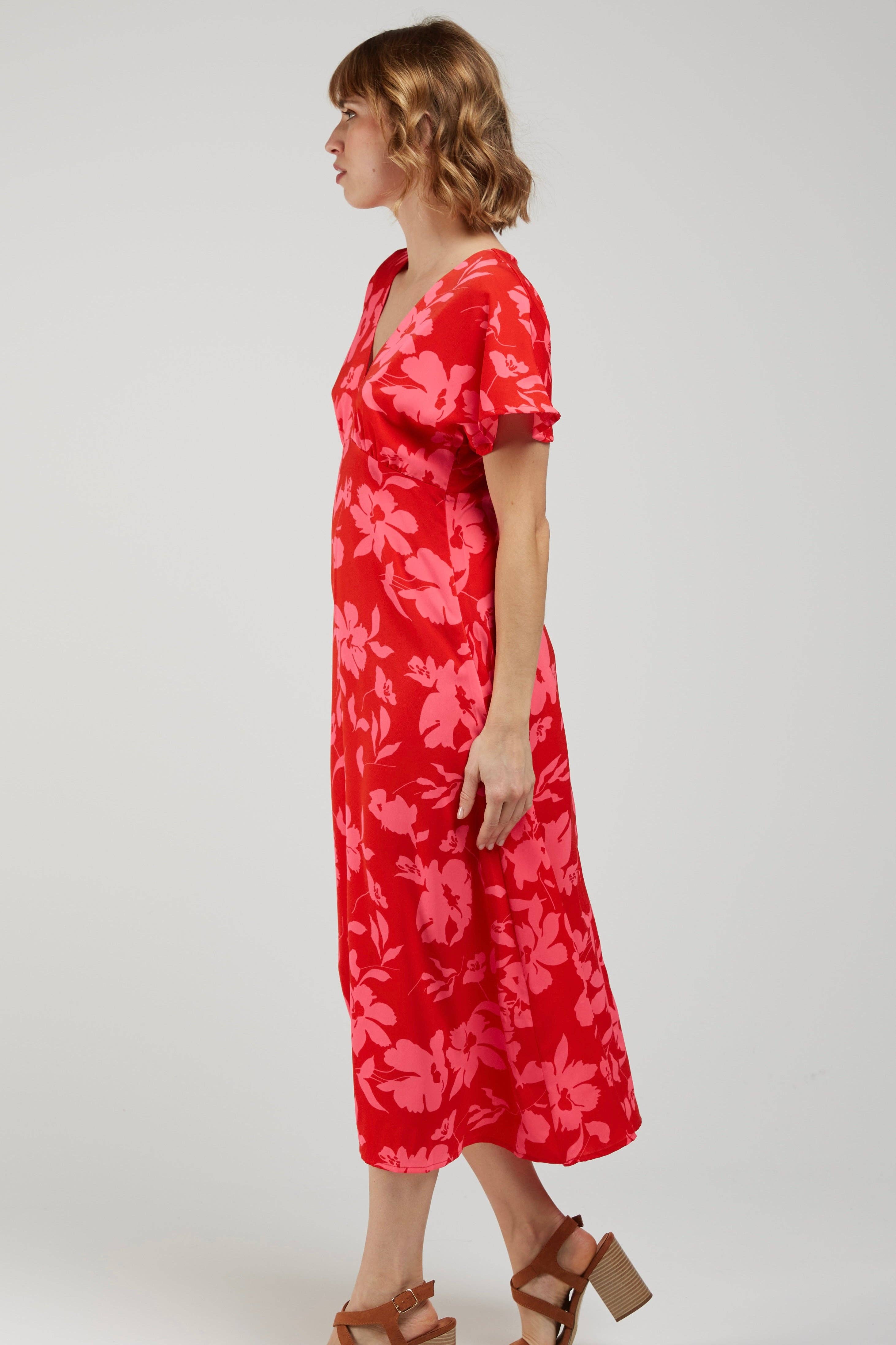 Robe Midi Fleurie DALI Rouge & Rose Fluo
