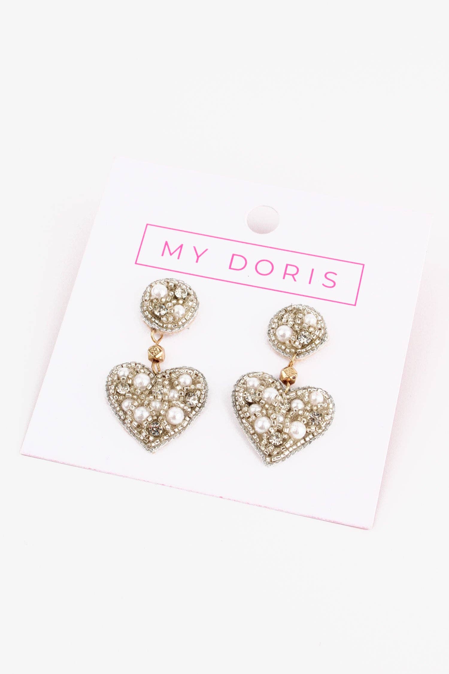 BOUCLES D'OREILLES PENDANTES PETIT CŒUR EN ARGENT ET PERLE