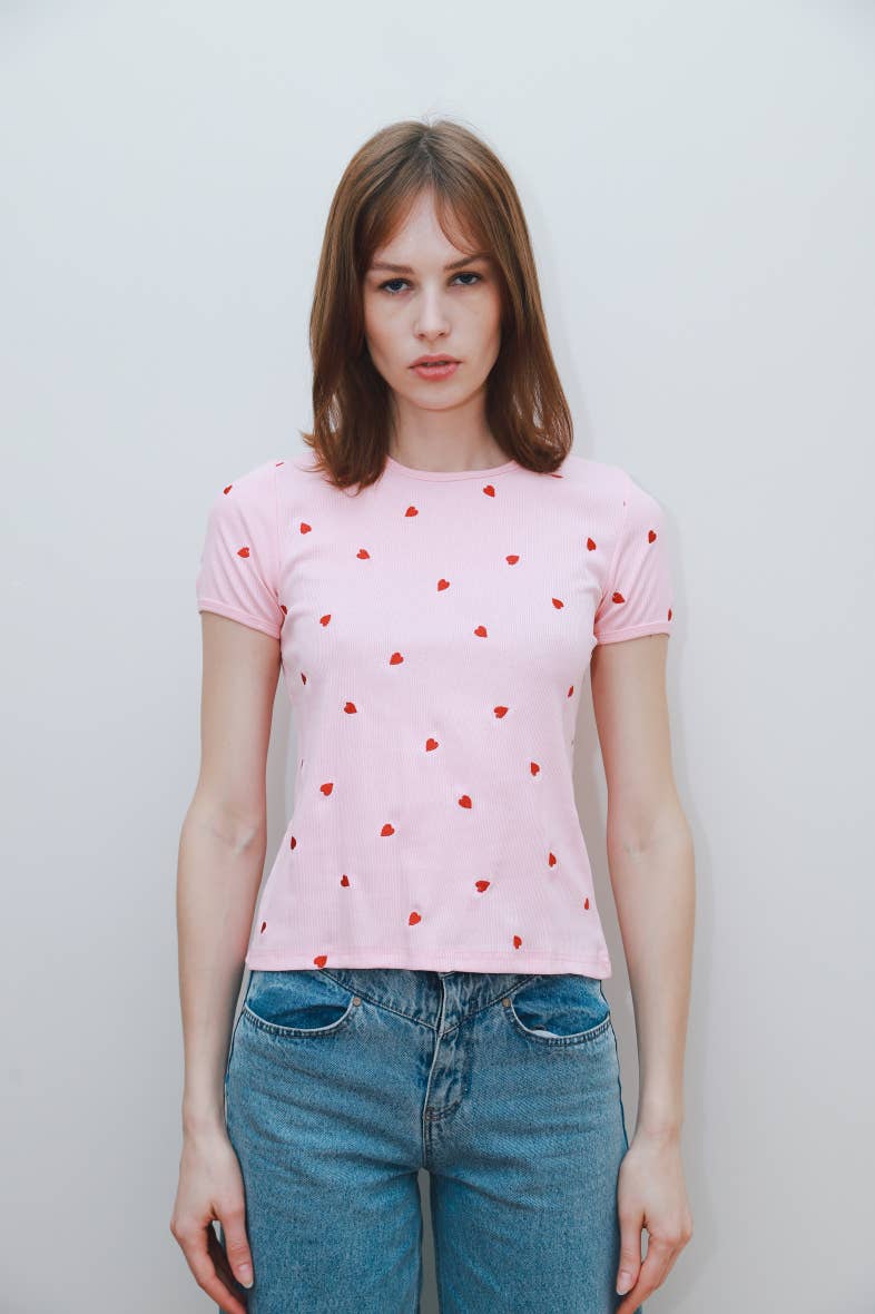 T-shirt coeurs brodés HEART Rose