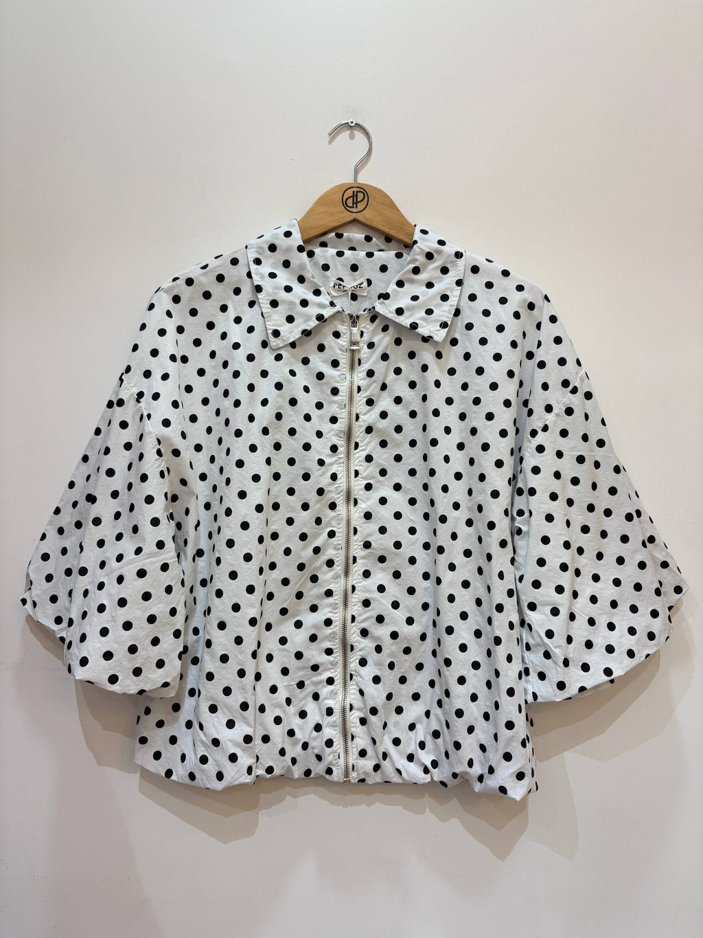 Veste coton imprimé pois manches courtes bouffantes DOT Blanc & Noir