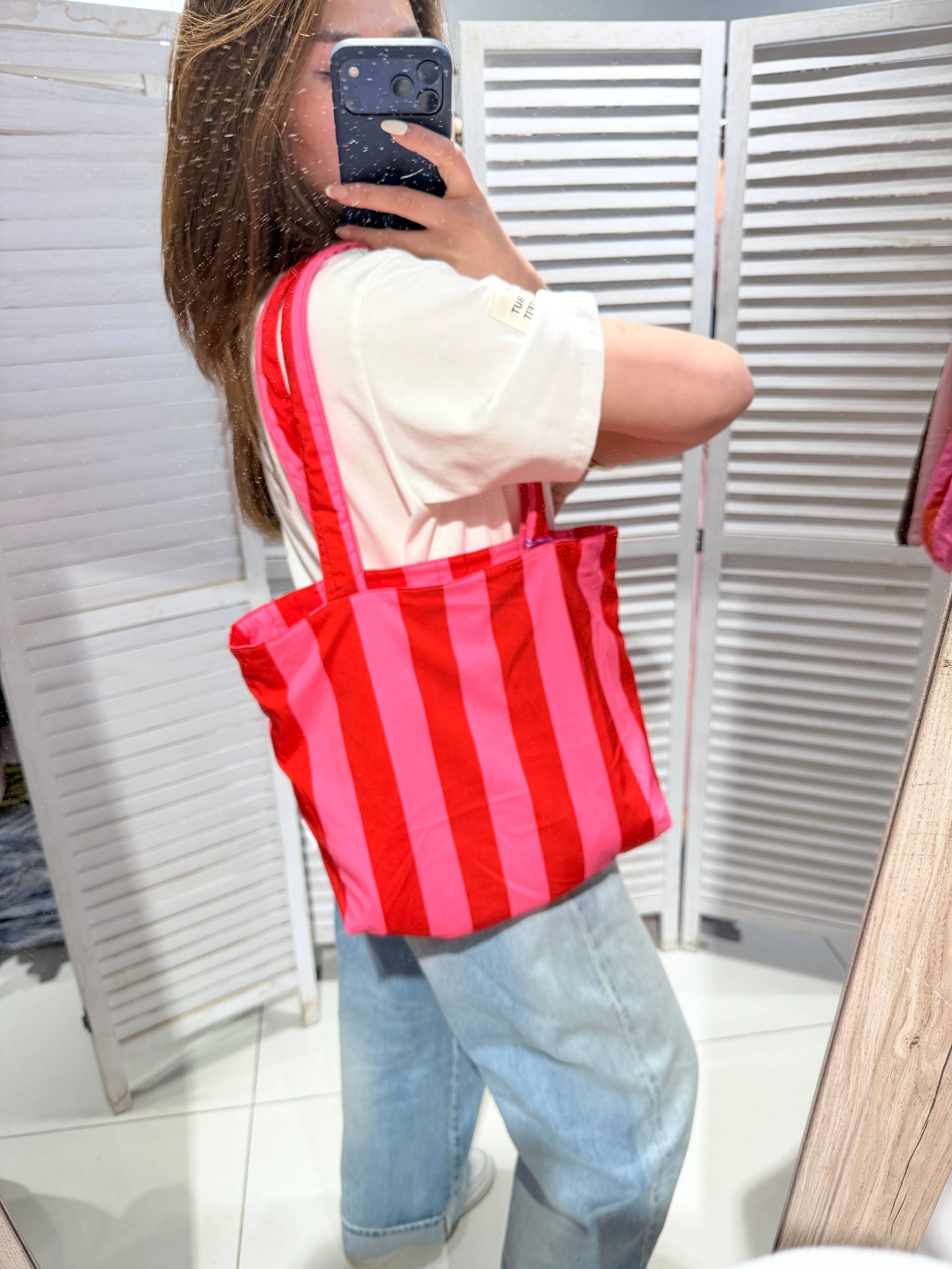 Sac shopping rayé matelassé PARAMI Rouge & Fuchsia