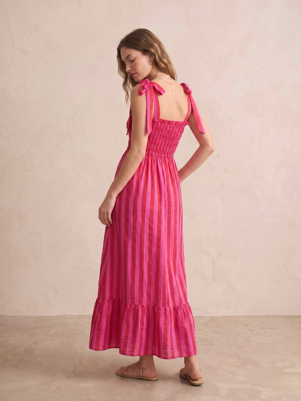 Robe bustier smocké bretelles à nouer rayé RITA Rouge & Fuschia