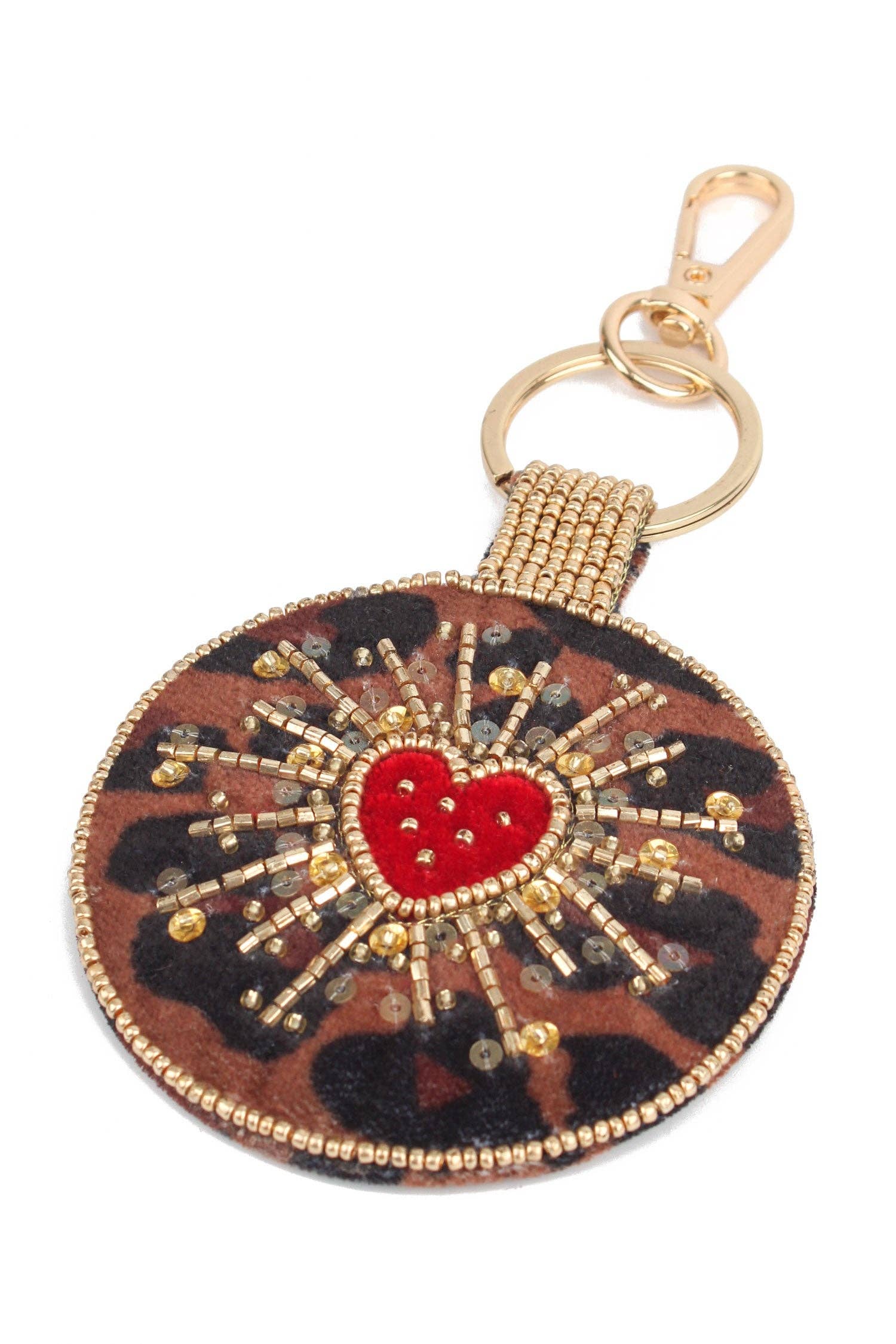 Porte-clés/pendentif de sac rond cœur léopard