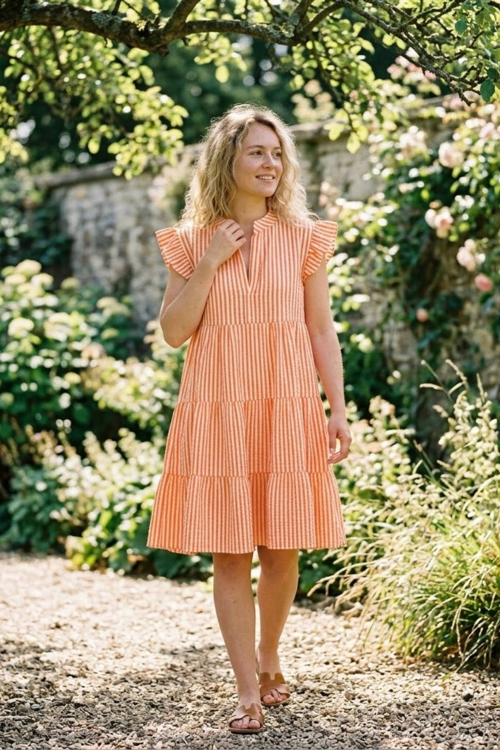 Robe gaze de coton rayé CORALY Orange & Blanc