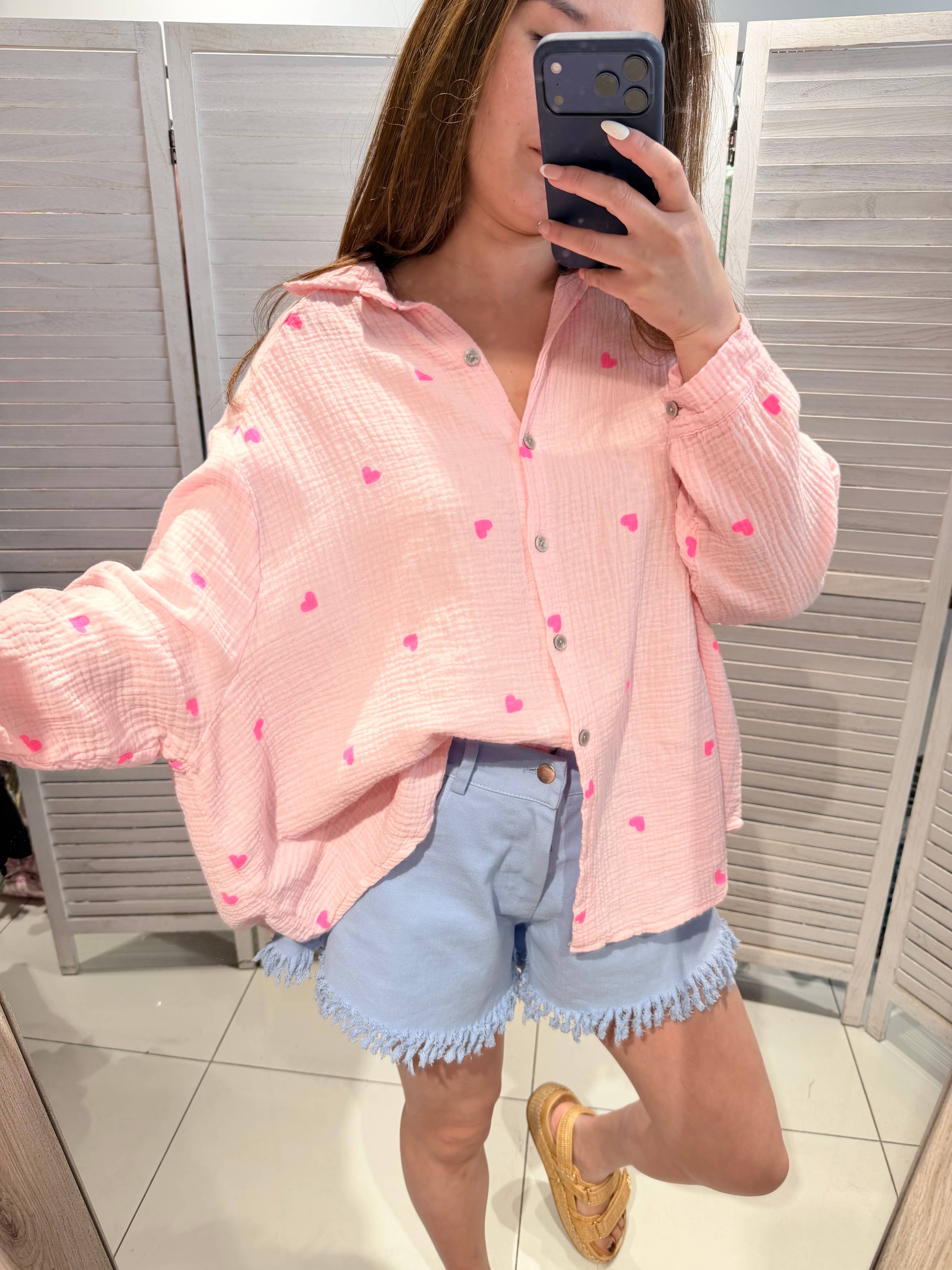 Chemise en coton imprimé cœur rose