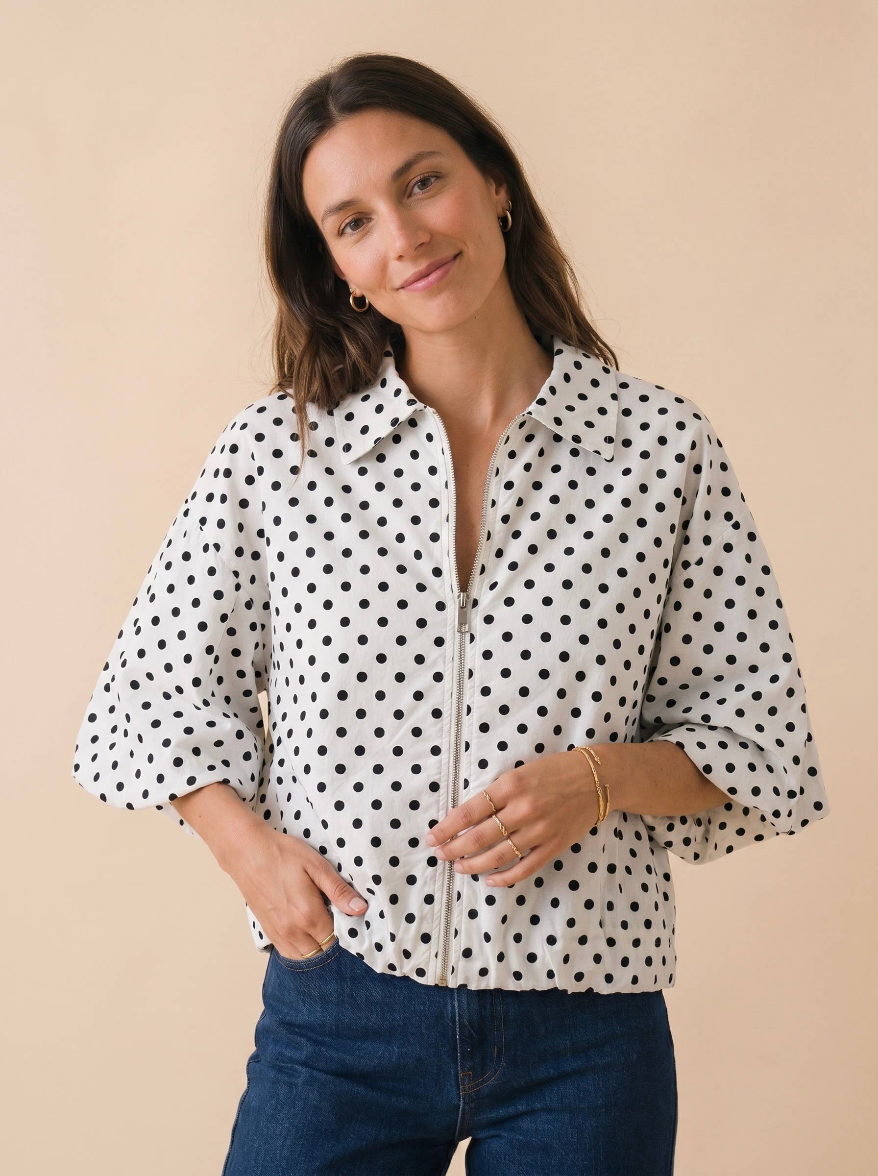 Veste coton imprimé pois manches courtes bouffantes DOT Blanc & Noir