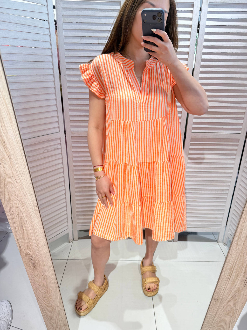 Robe gaze de coton rayé CORALY Orange & Blanc