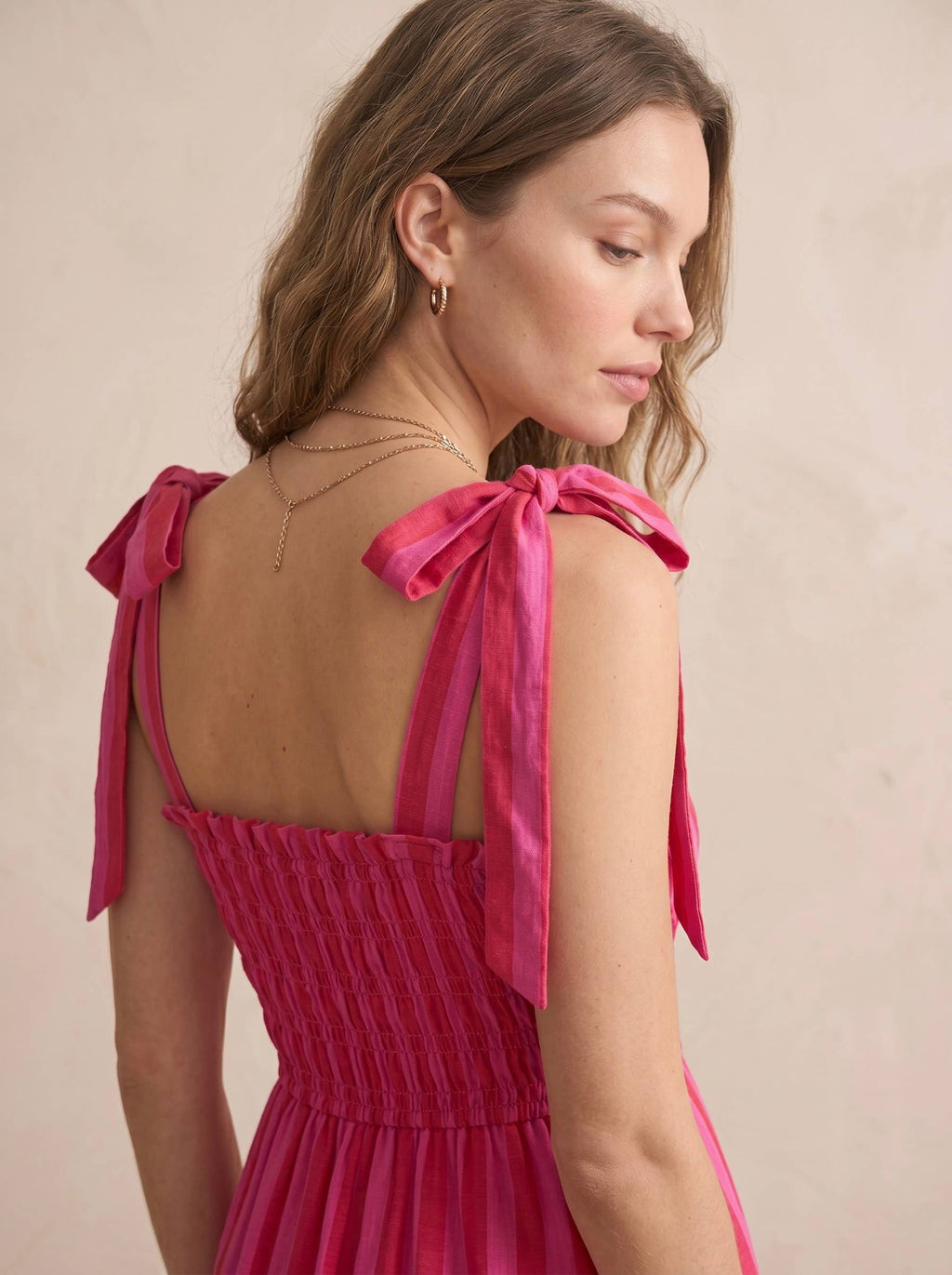 Robe bustier smocké bretelles à nouer rayé RITA Rouge & Fuschia