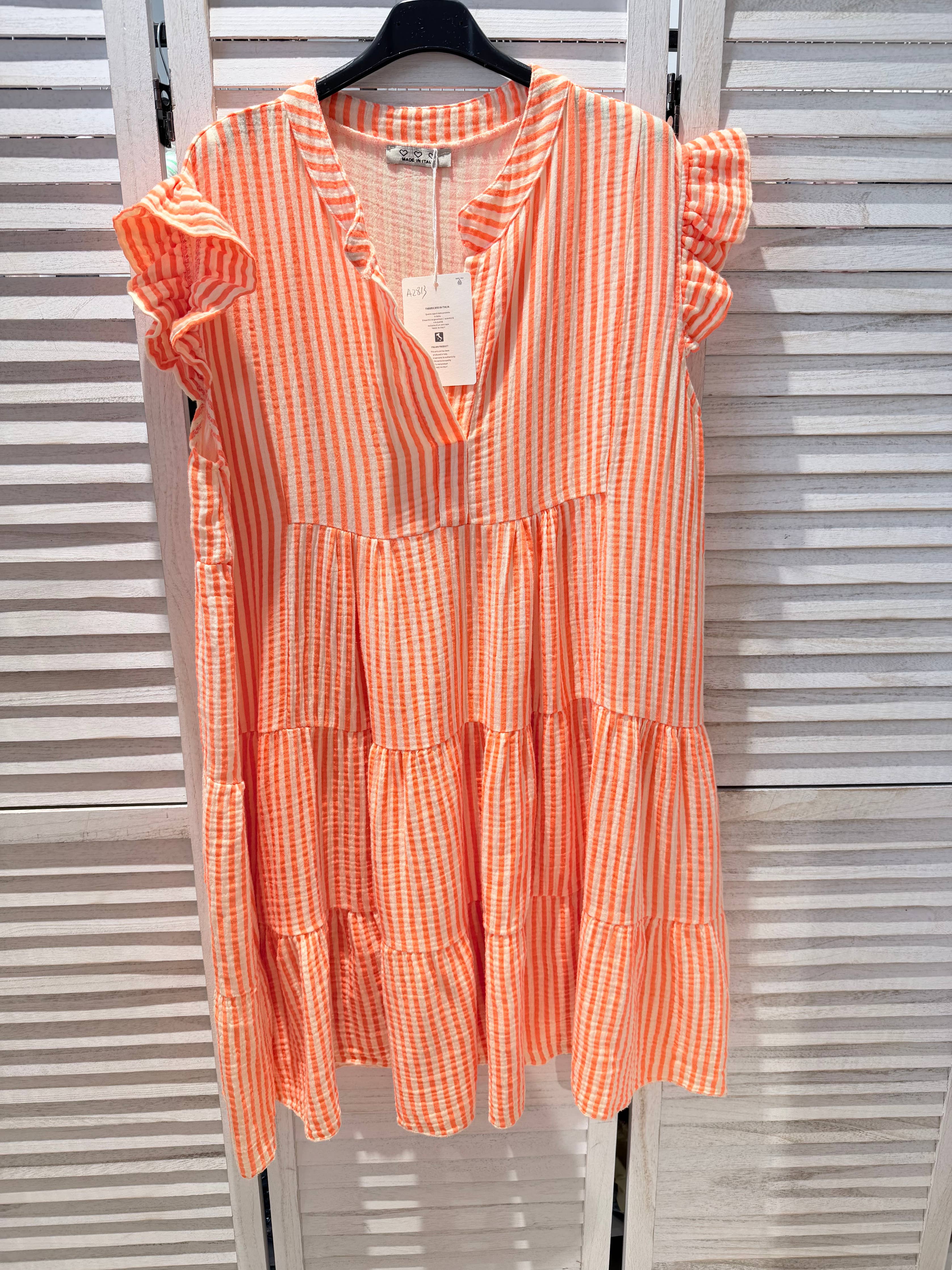 Robe gaze de coton rayé CORALY Orange & Blanc