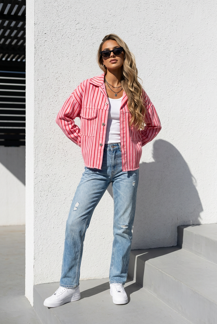 Veste coton CANDY rayée Rose & Rouge