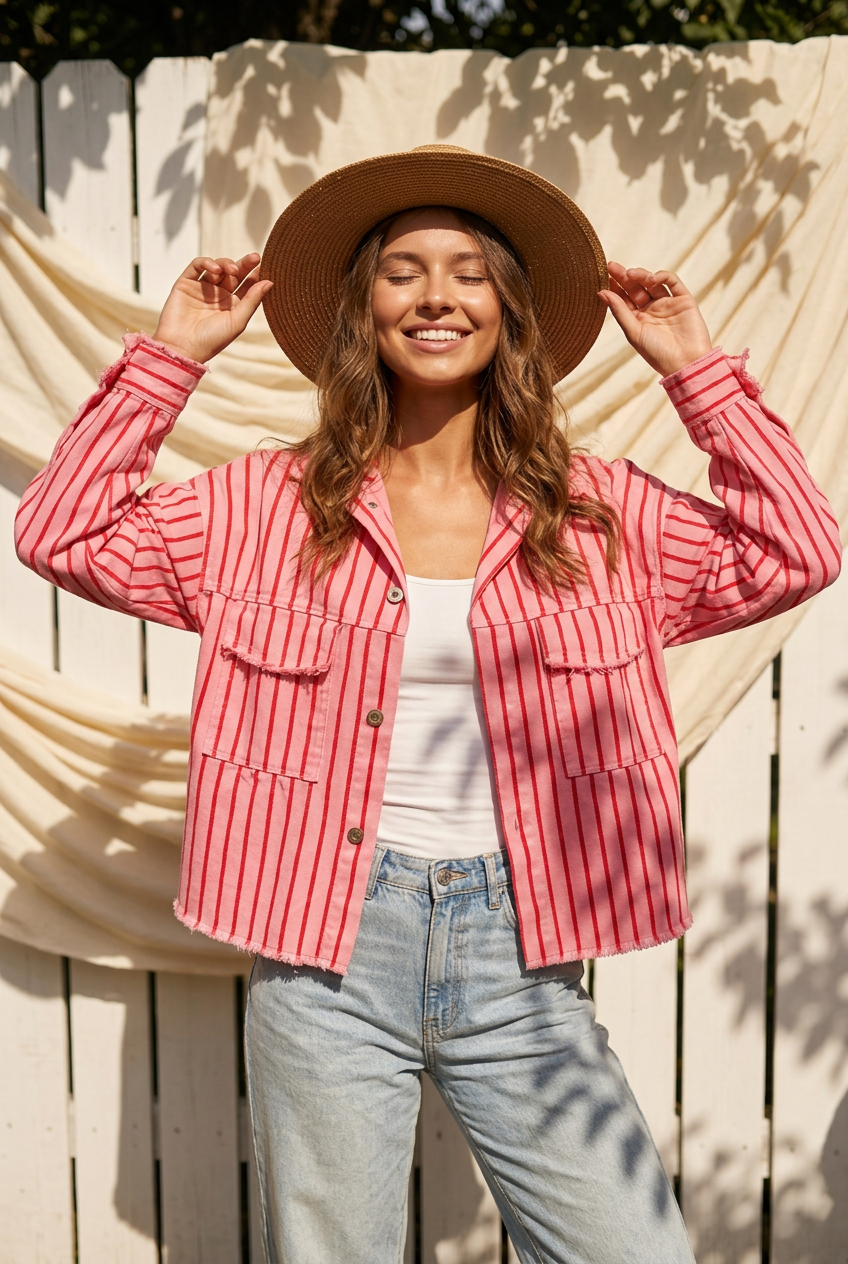 Veste coton CANDY rayée Rose & Rouge