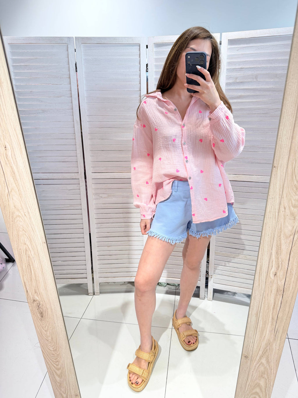 Chemise en coton imprimé cœur rose