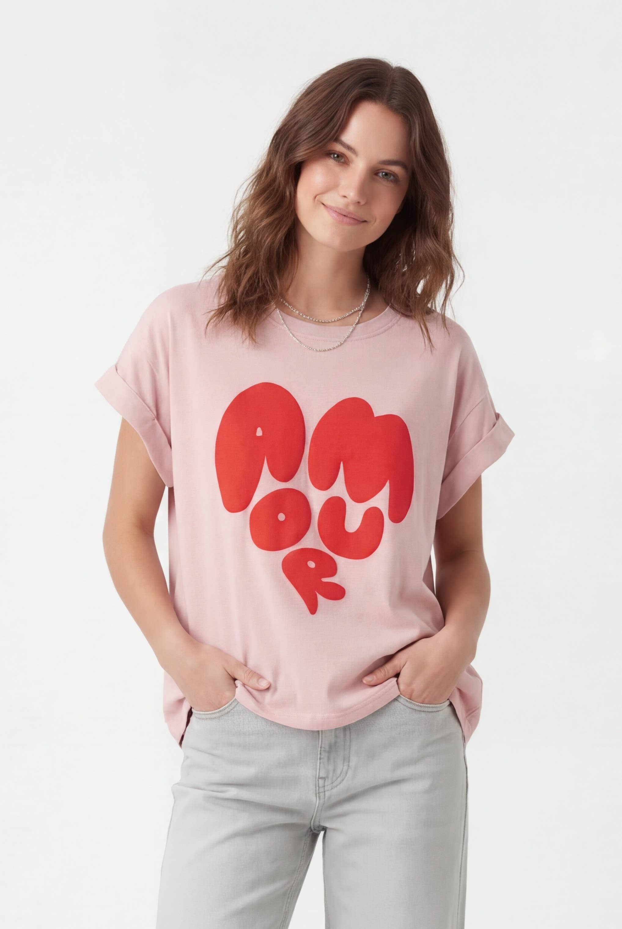 T-shirt Coton coeur AMORE Rose