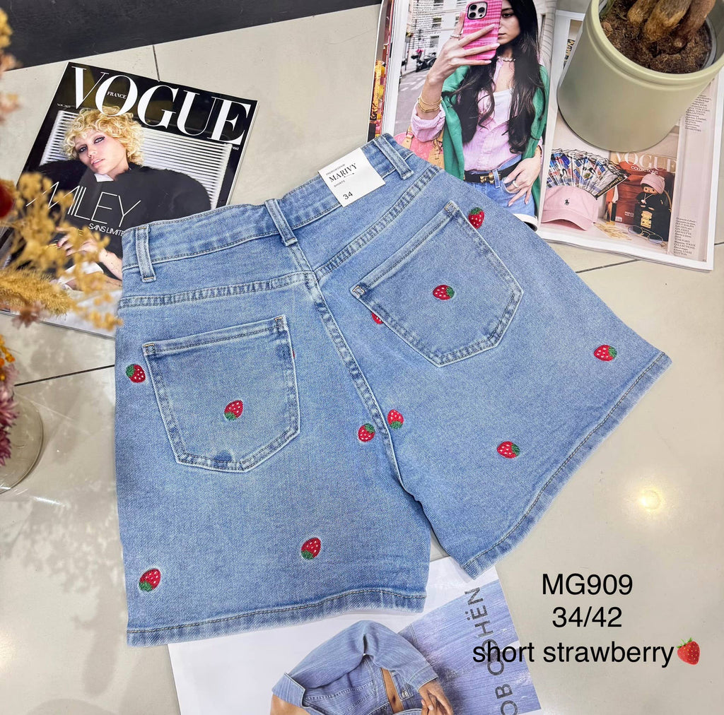 Short en jean taille haute avec détails brodés de fraises