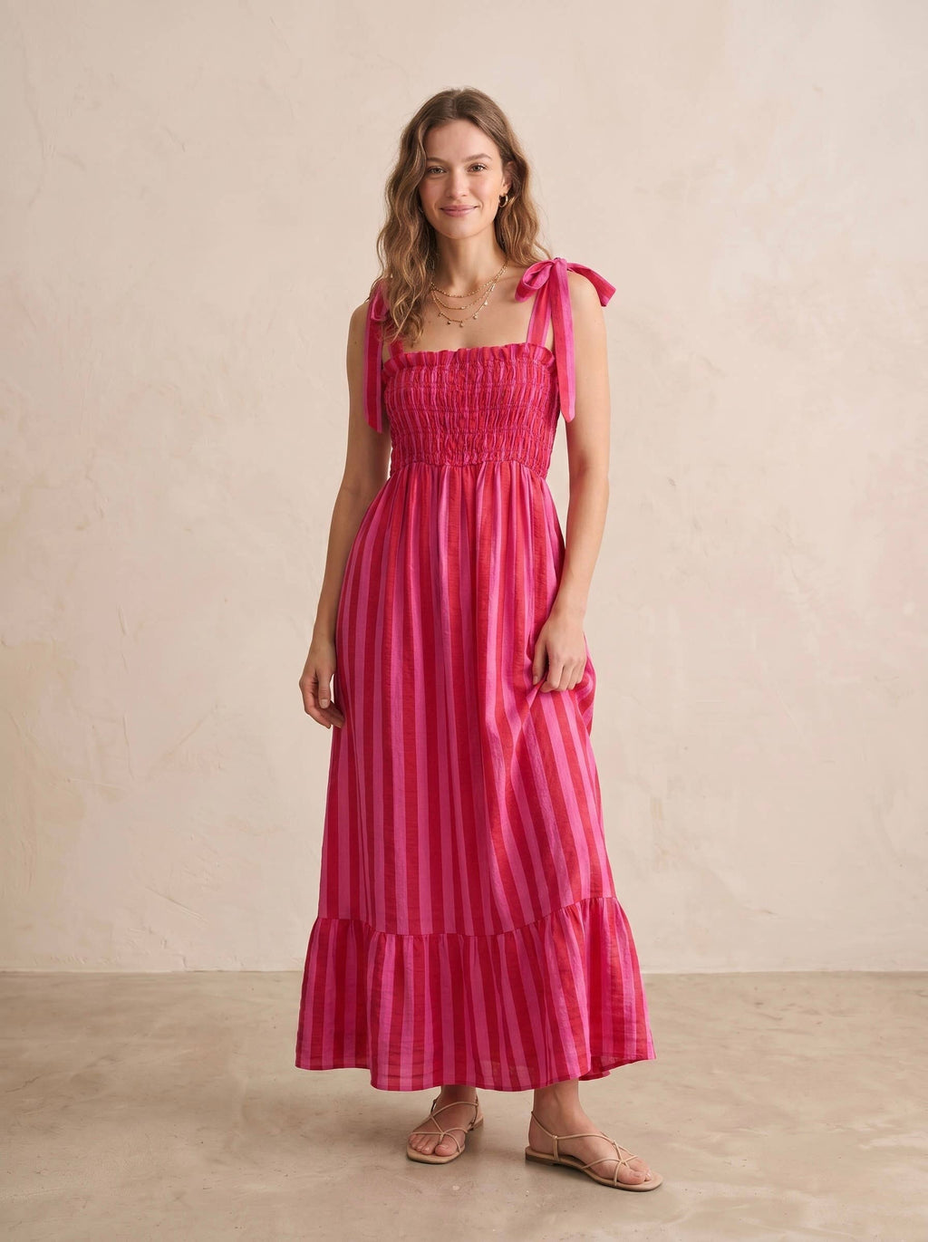 Robe bustier smocké bretelles à nouer rayé RITA Rouge & Fuschia