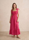 Robe bustier smocké bretelles à nouer rayé RITA Rouge & Fuschia