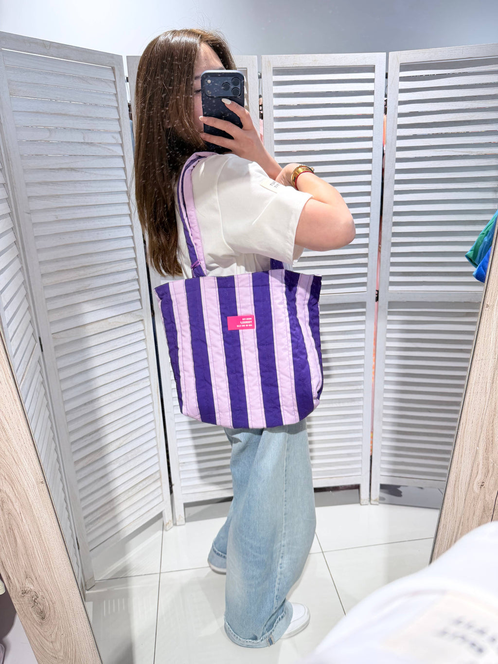 Sac shopping rayé matelassé PARAMI Violet & Parme