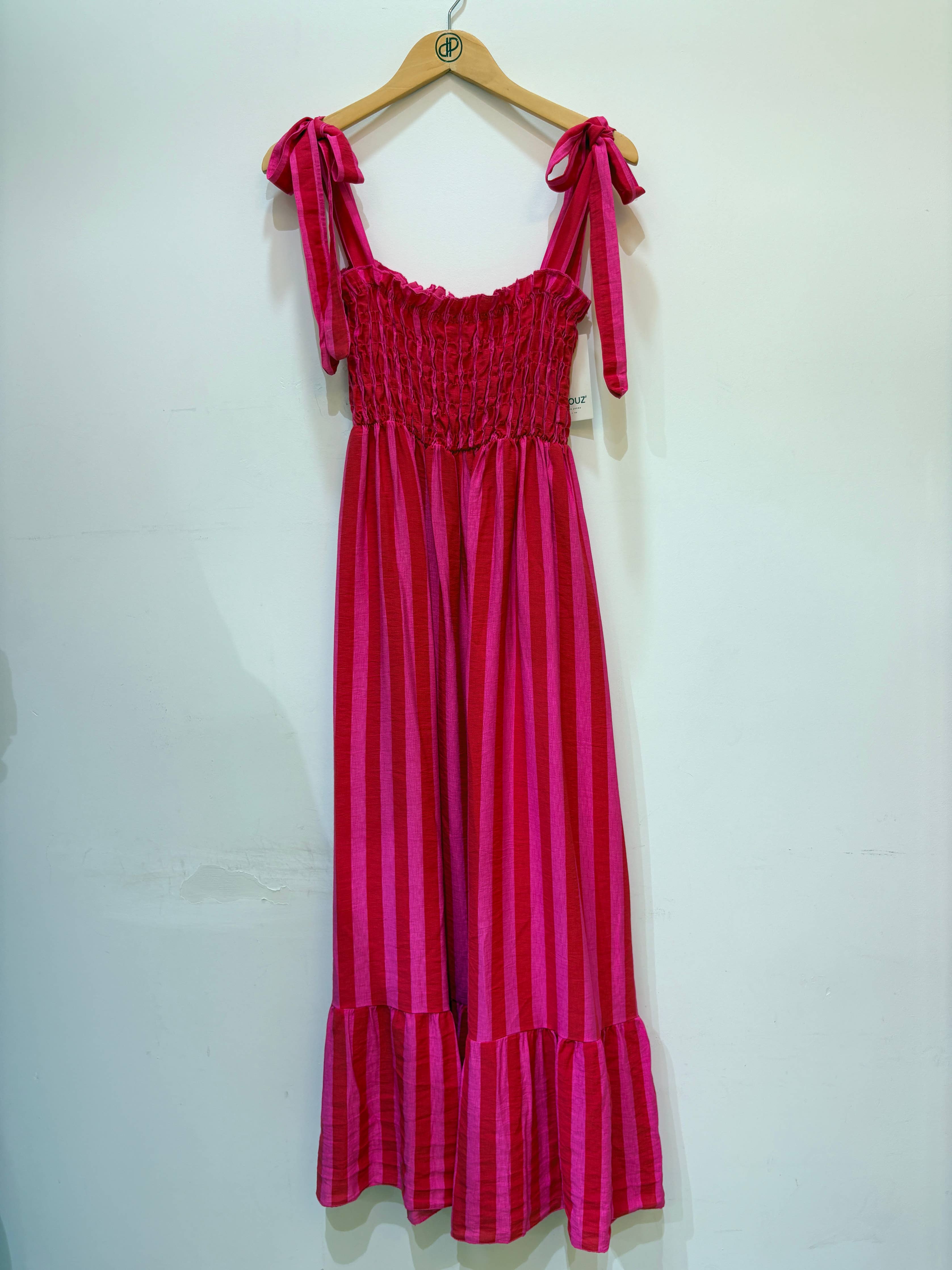 Robe bustier smocké bretelles à nouer rayé RITA Rouge & Fuschia