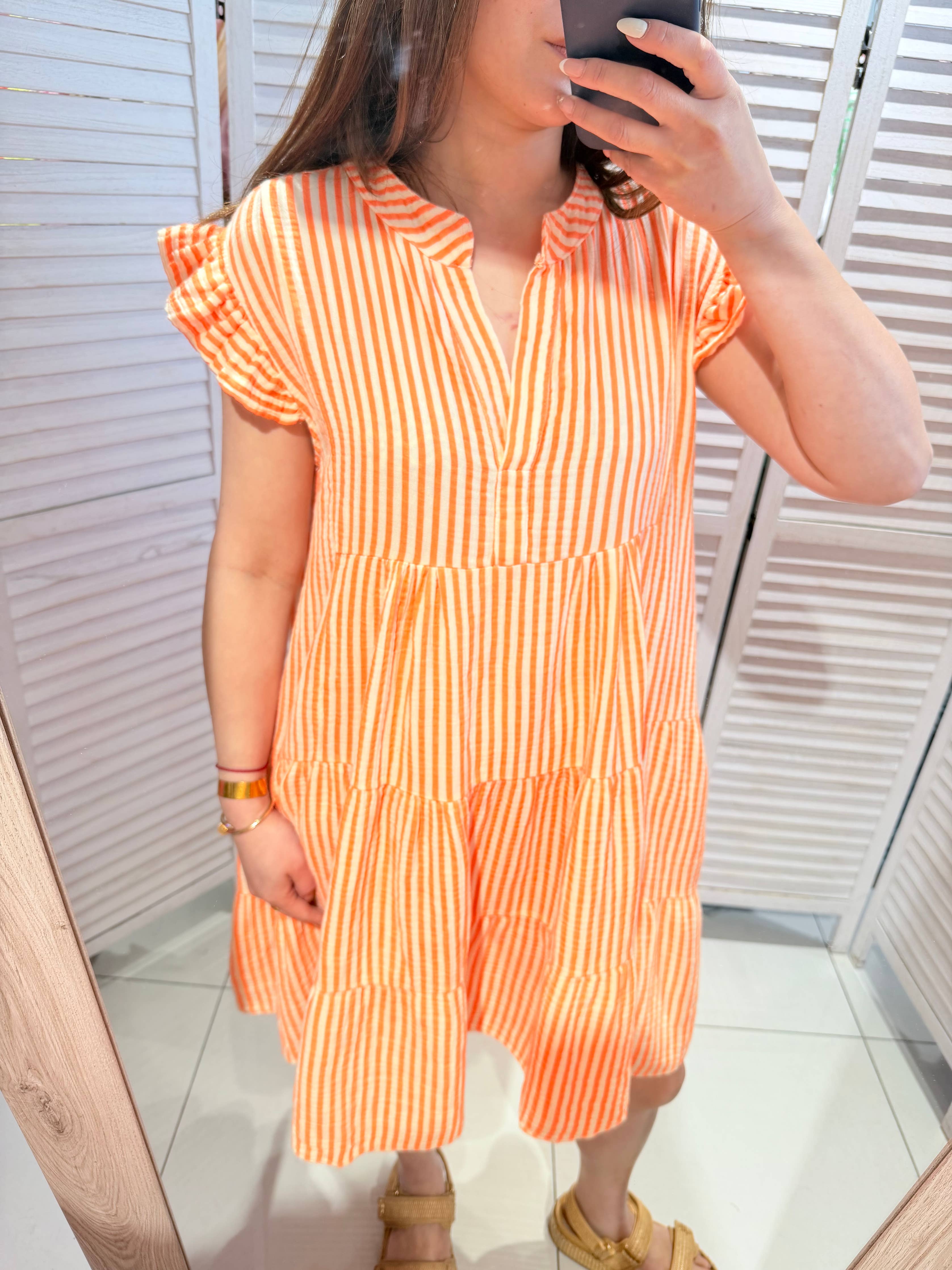 Robe gaze de coton rayé CORALY Orange & Blanc