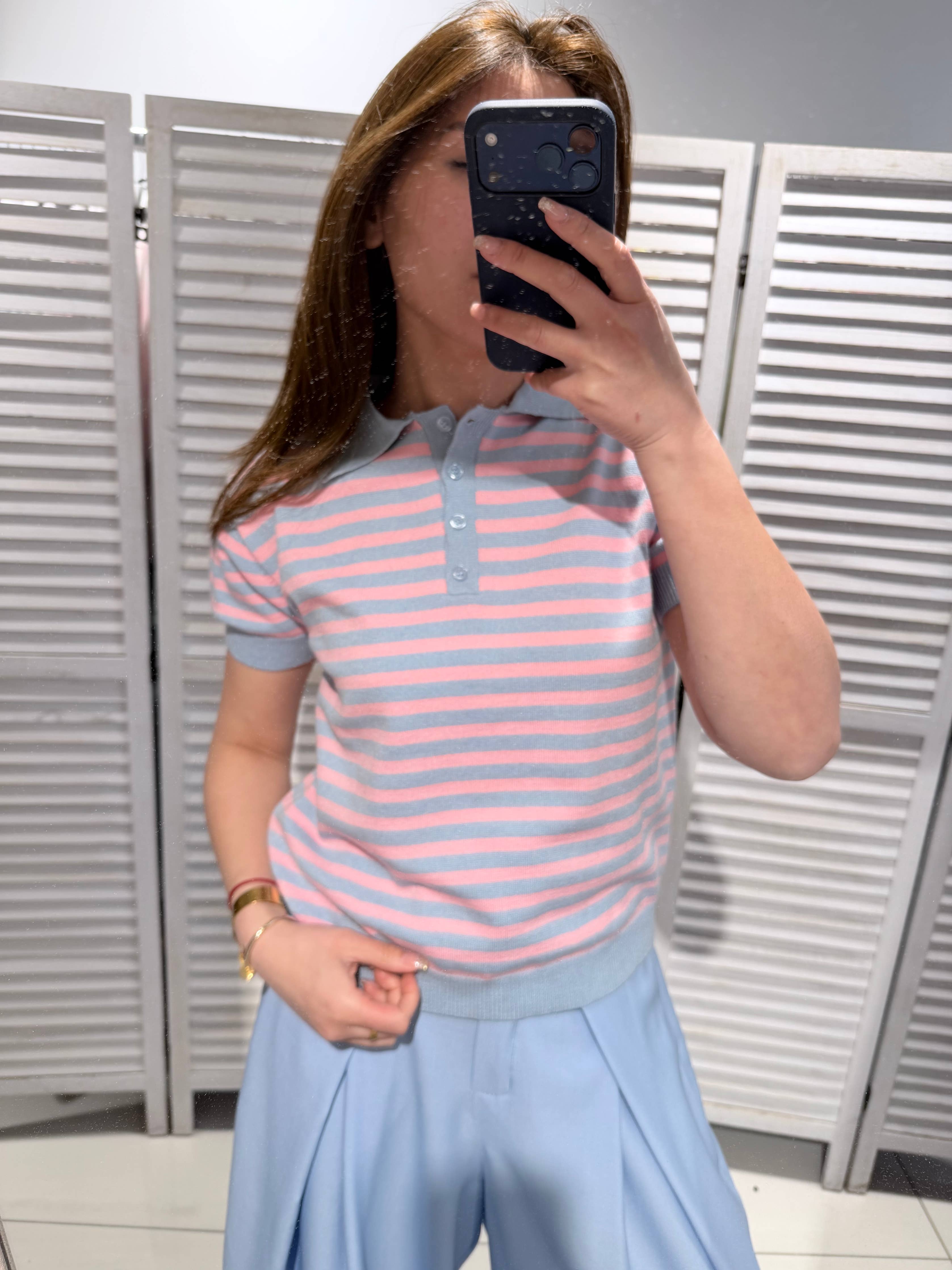 Tshirt rayé col POLO Bleu & Rose