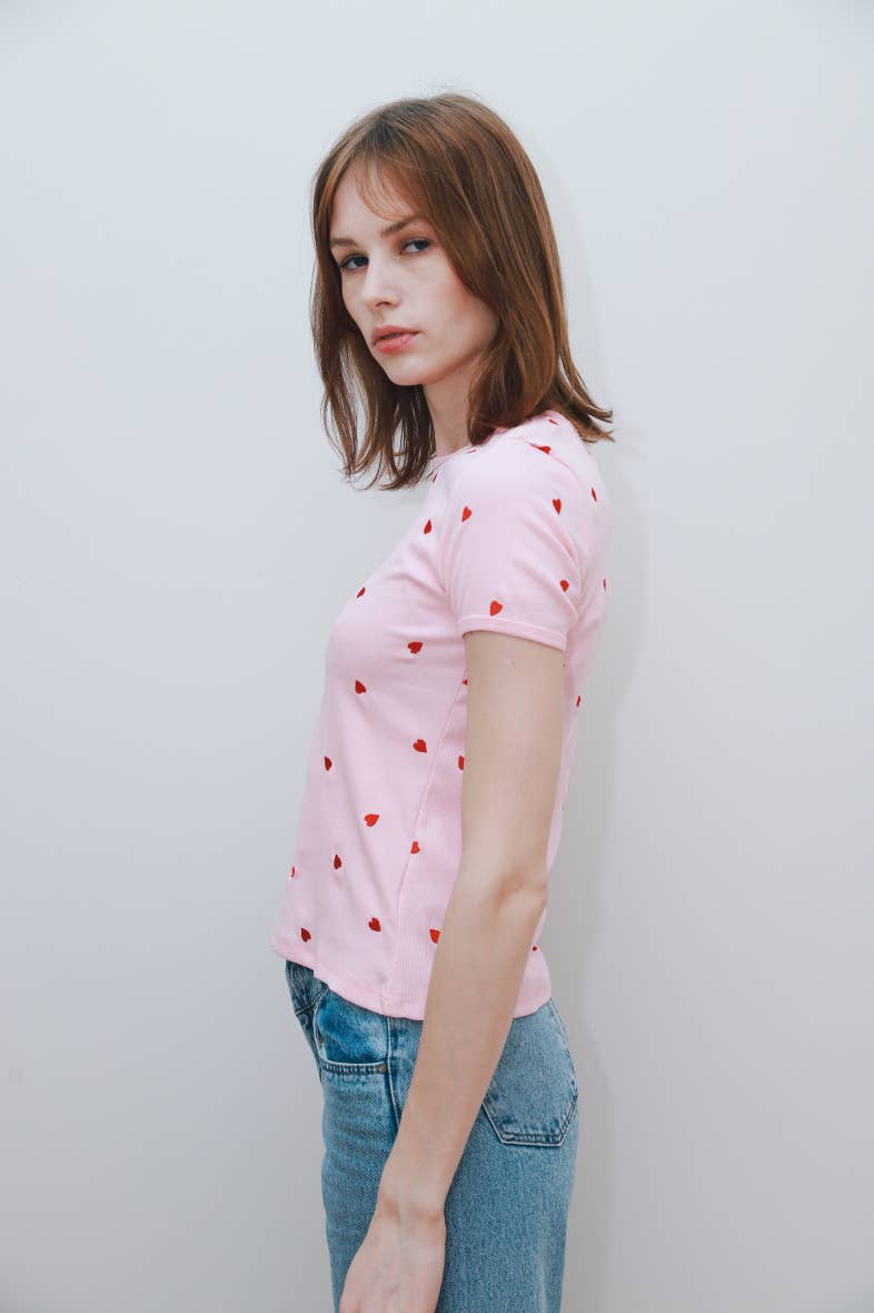 T-shirt coeurs brodés HEART Rose