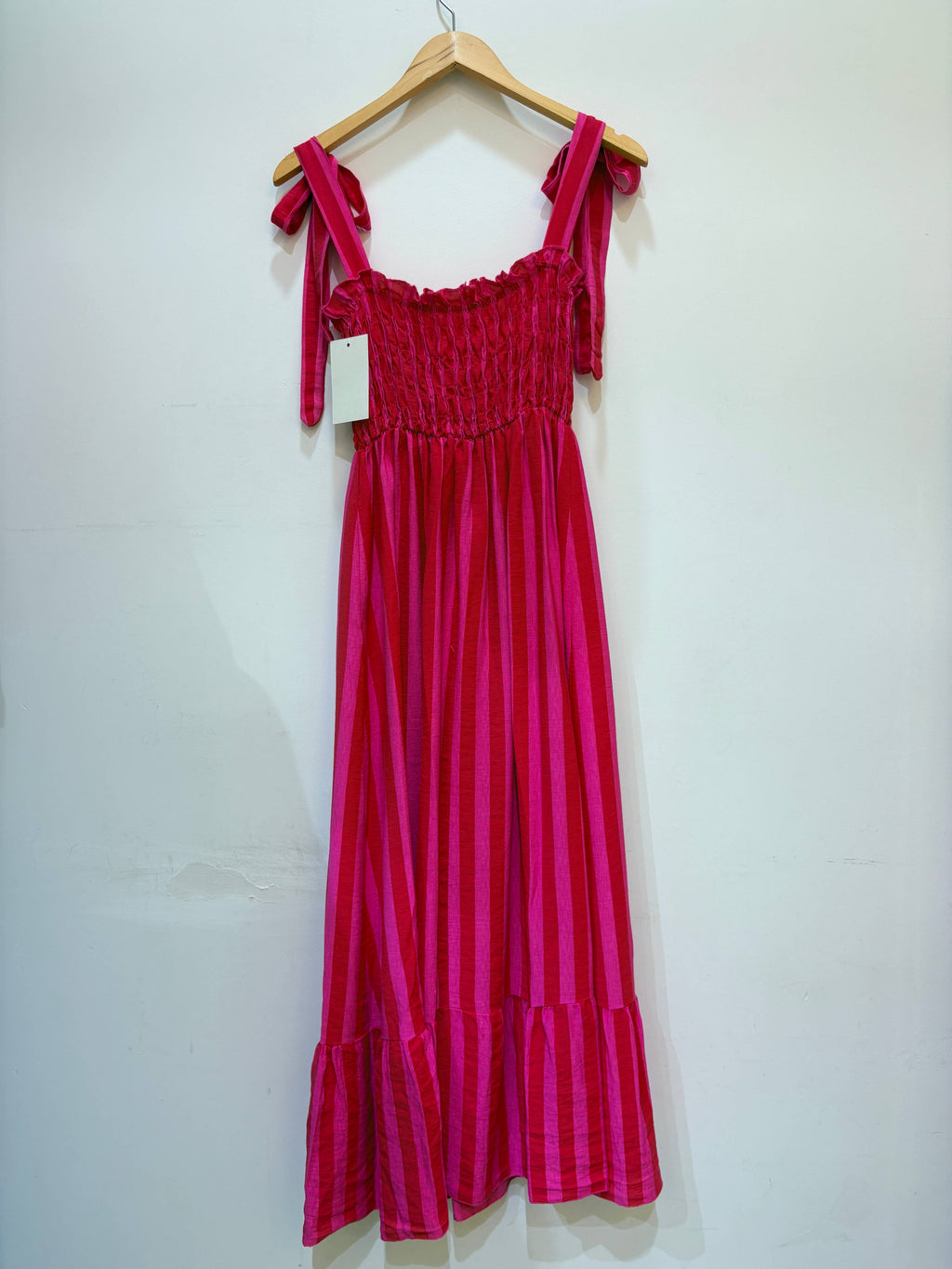 Robe bustier smocké bretelles à nouer rayé RITA Rouge & Fuschia
