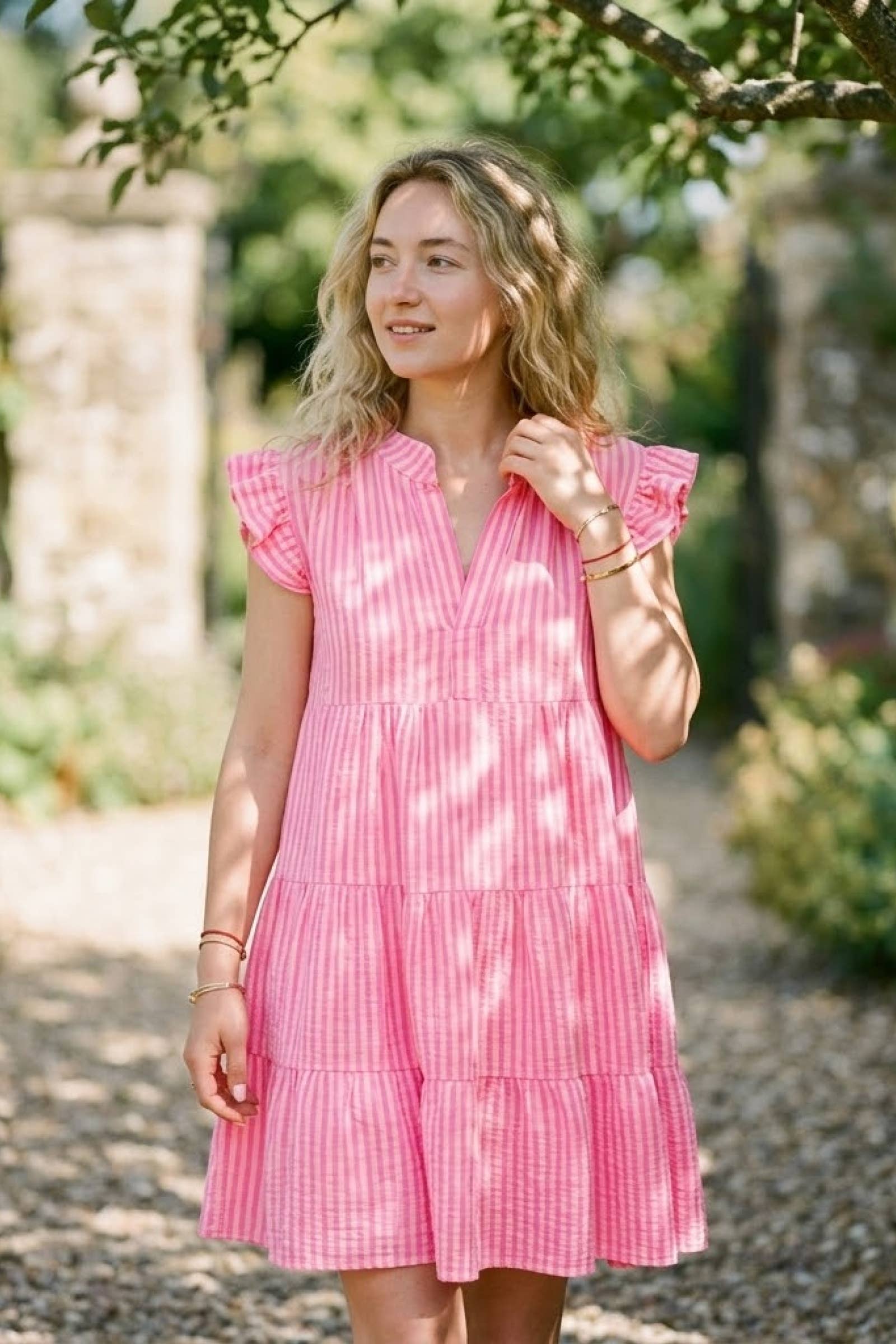 Robe gaze de coton rayé CORALY Rose